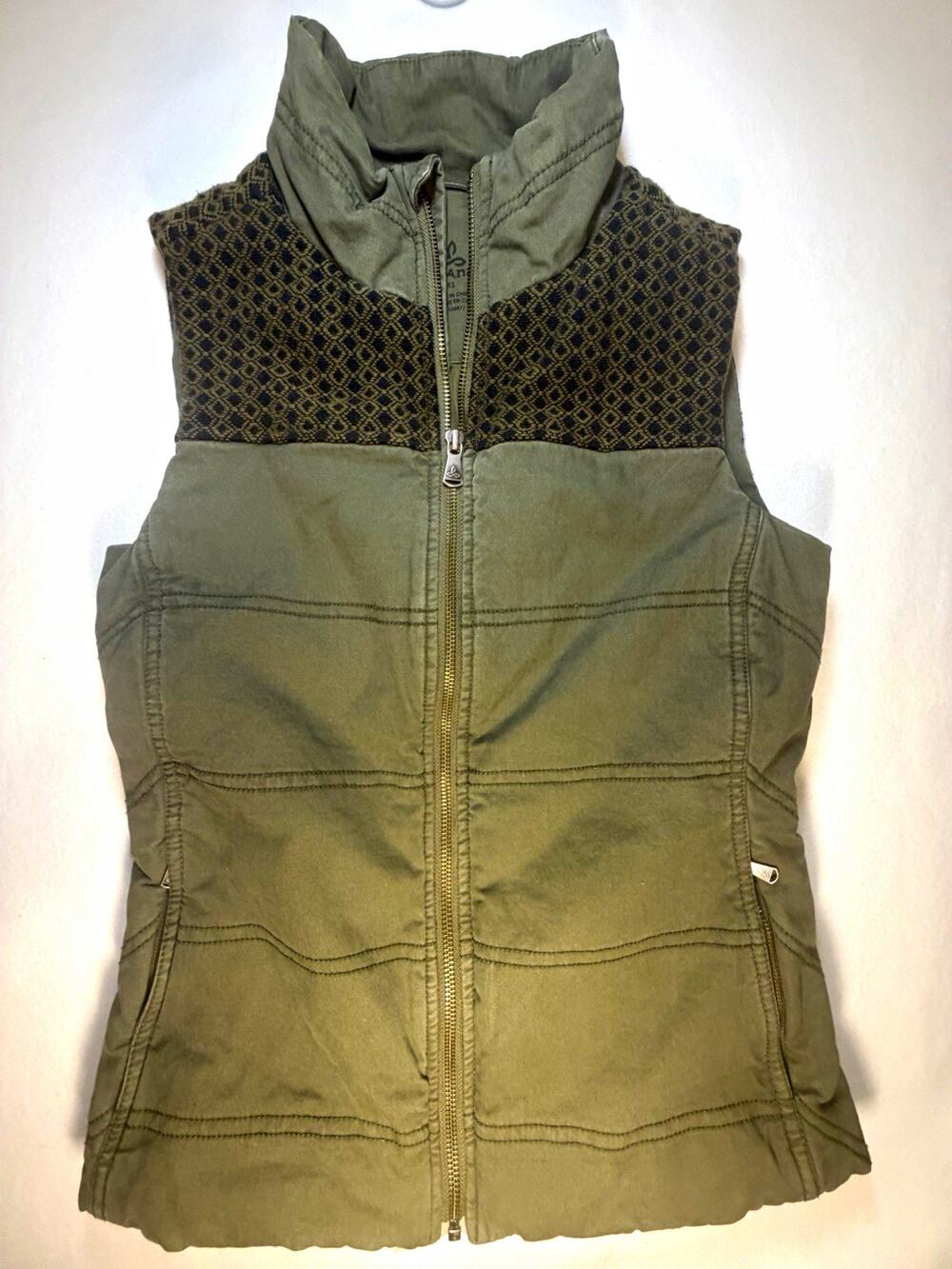 prAna Women’s XS Olive Green Full Zip Quilted Vest Geometric Yoke Organic Cotton